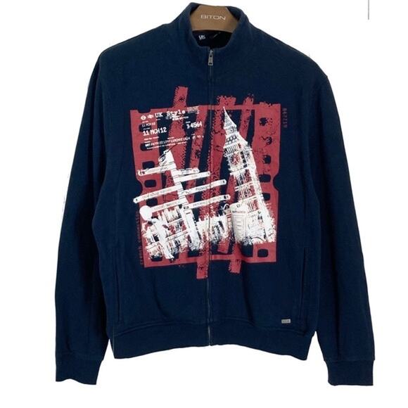 NWOT FRENCH CONNECTION Sweatshirt Track Jacket XL Navy Graphic-Art-London Zip - Picture 1 of 4